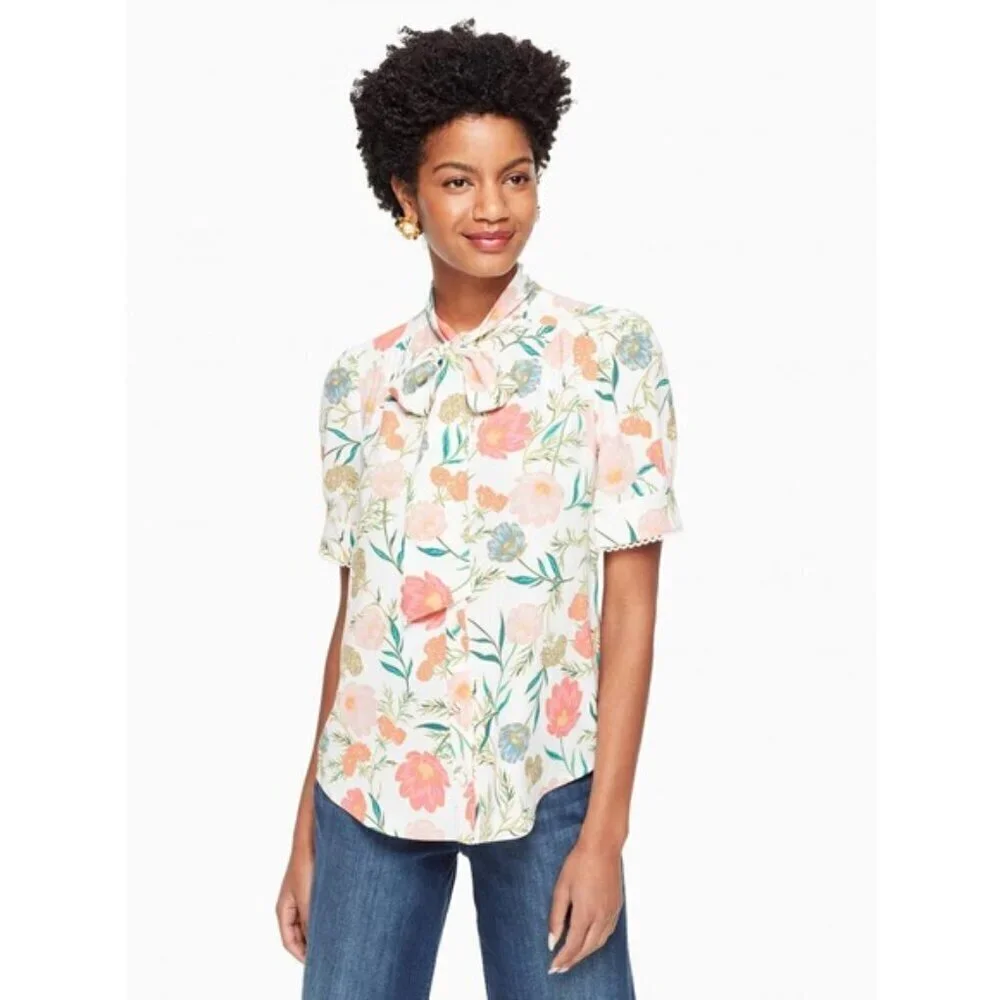💕KATE SPADE💕 Blossom Tie Neck Blouse ~ Picnic Perfect Floral Print Small